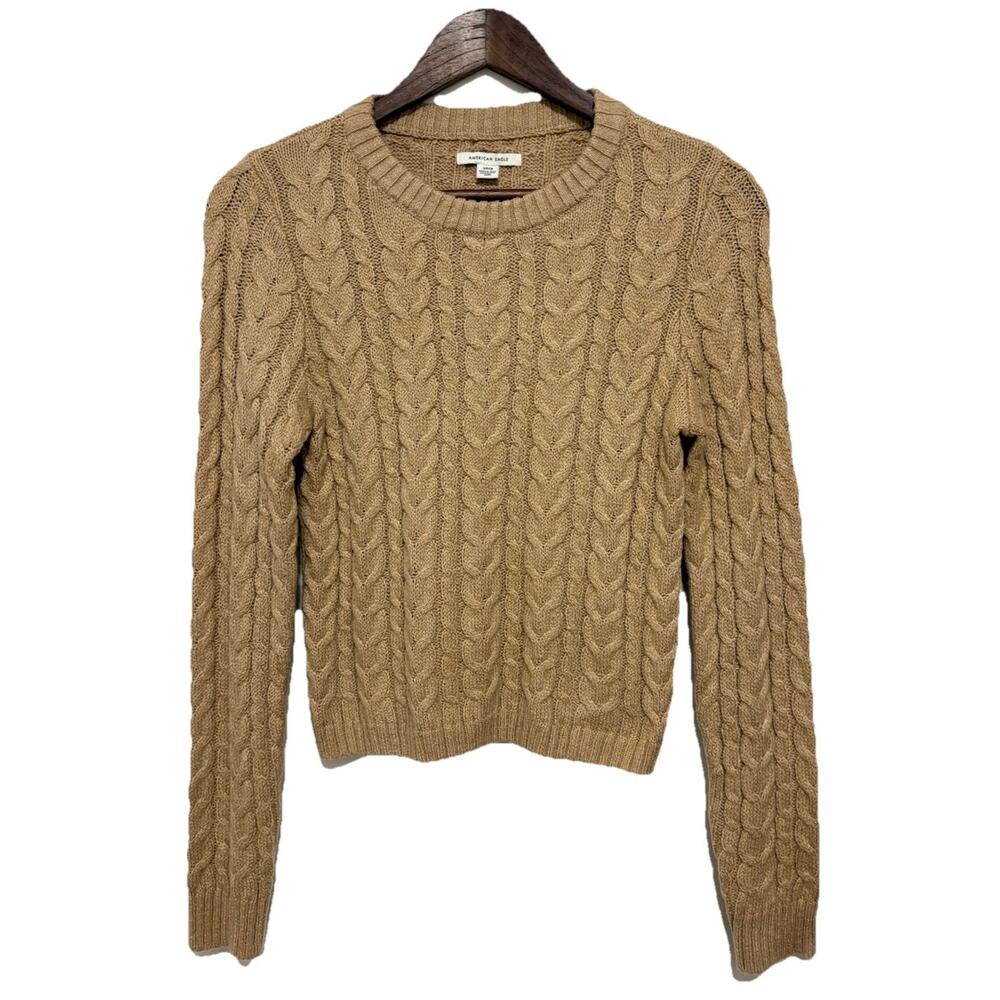 American Eagle Cable Knit Sweater Womens Small Tan Crewneck Cotton Blend